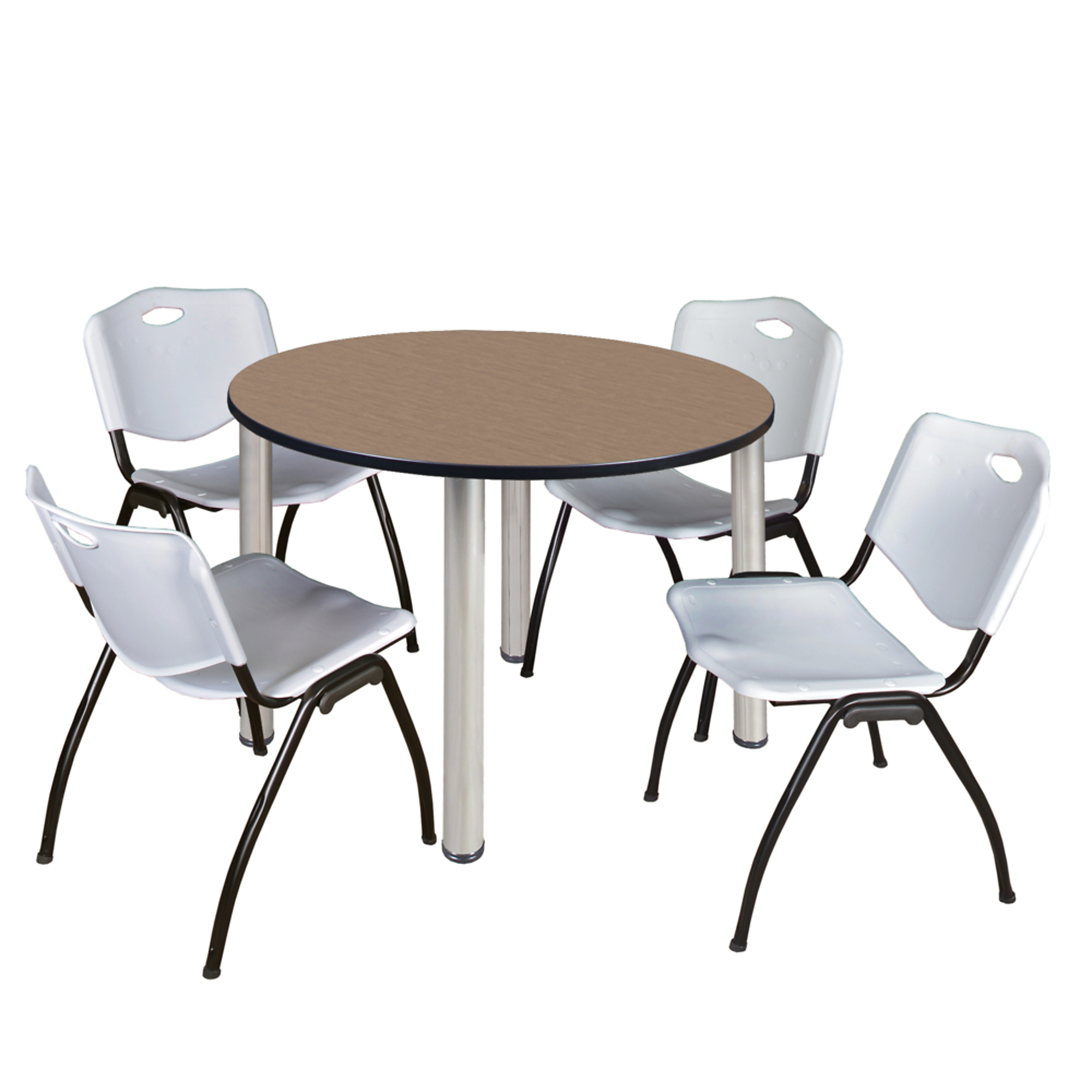Regency Kee Round Breakroom Table with Stack Chairs — 42in., Noble Oak/Chrome, 4 Grey Chairs, Model# TB42RNDNOBPCM47GY